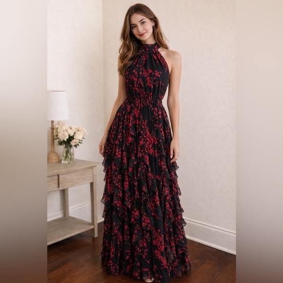 MSK Dresses & Skirts - MSK Black and Red Floral Ruffle Maxi Dress